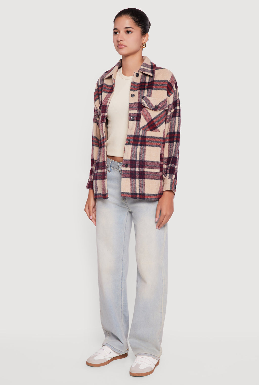 Plaid Brushed Knit Button Front Shacket