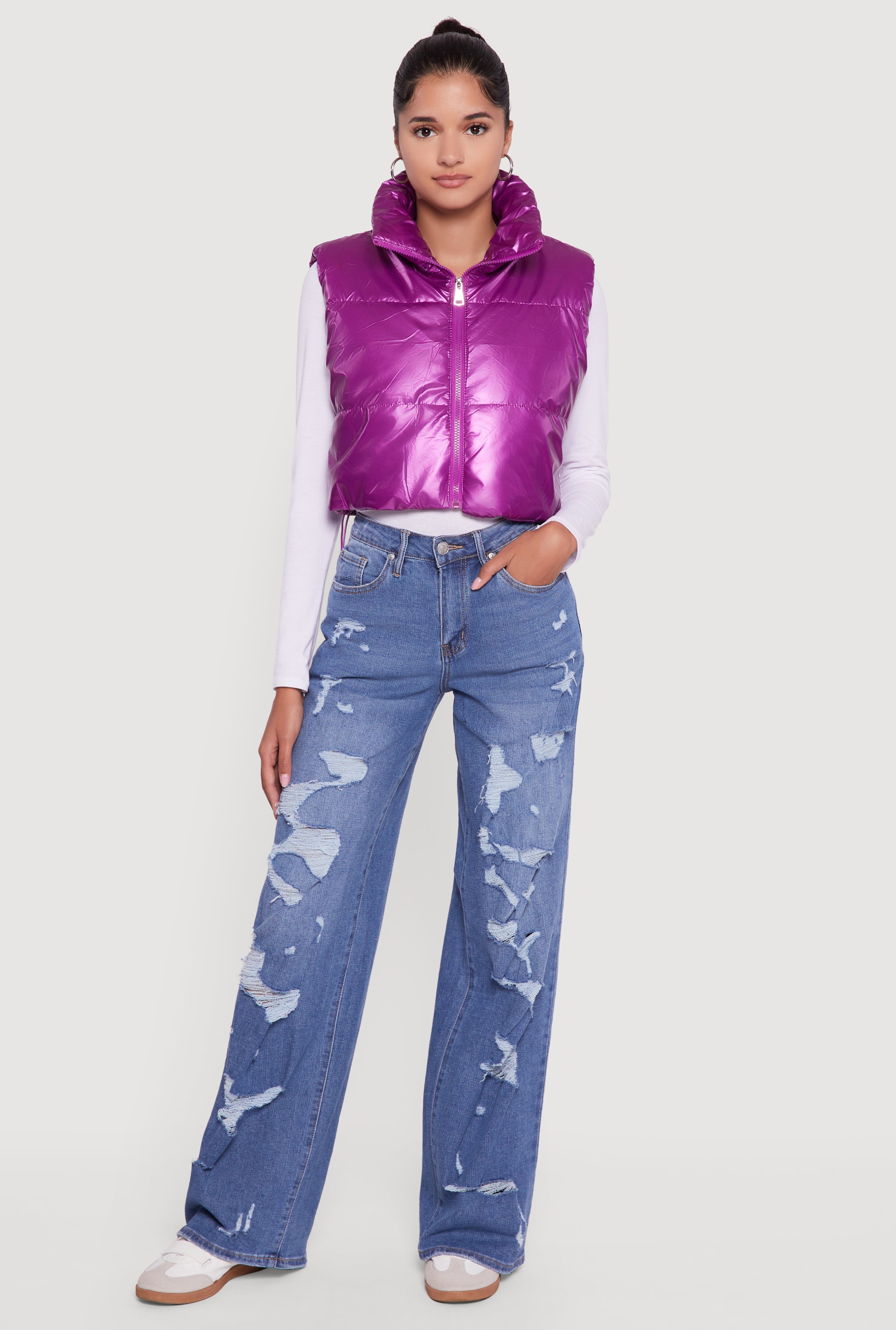 Drawstring Hem Cropped Zip Front Puffer Vest