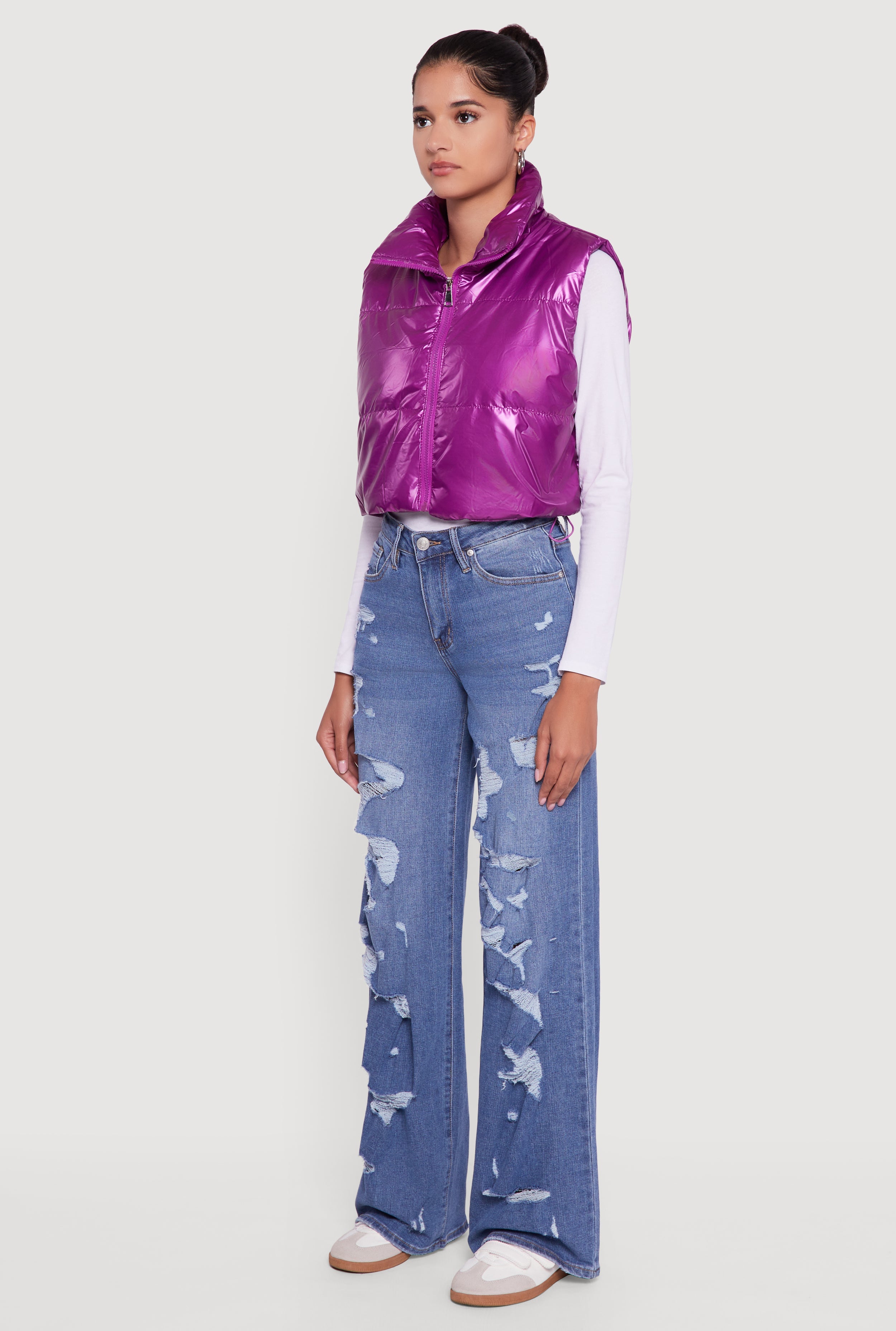Drawstring Hem Cropped Zip Front Puffer Vest