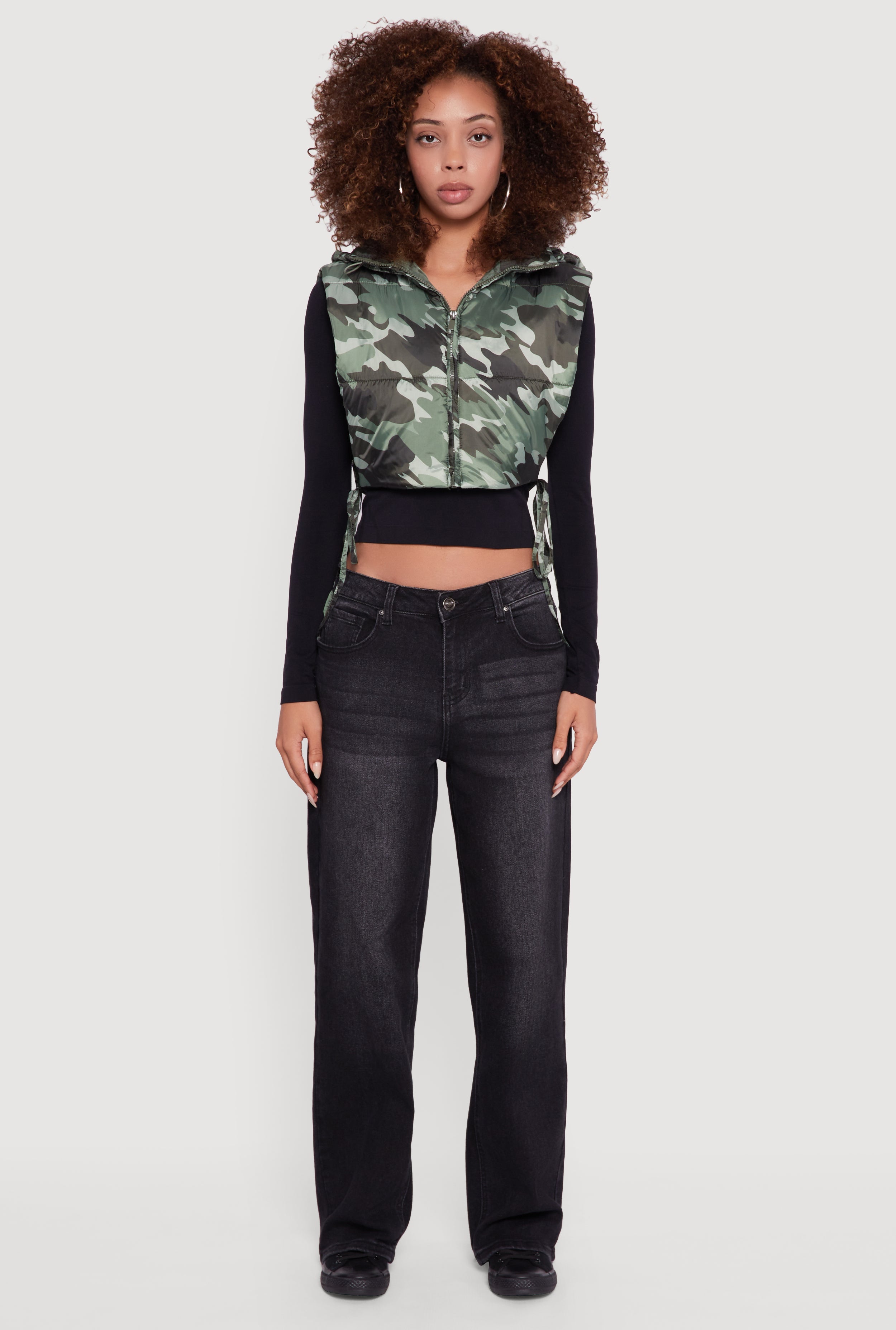 Hooded Cropped Puffer Vest with Open Tie Sides