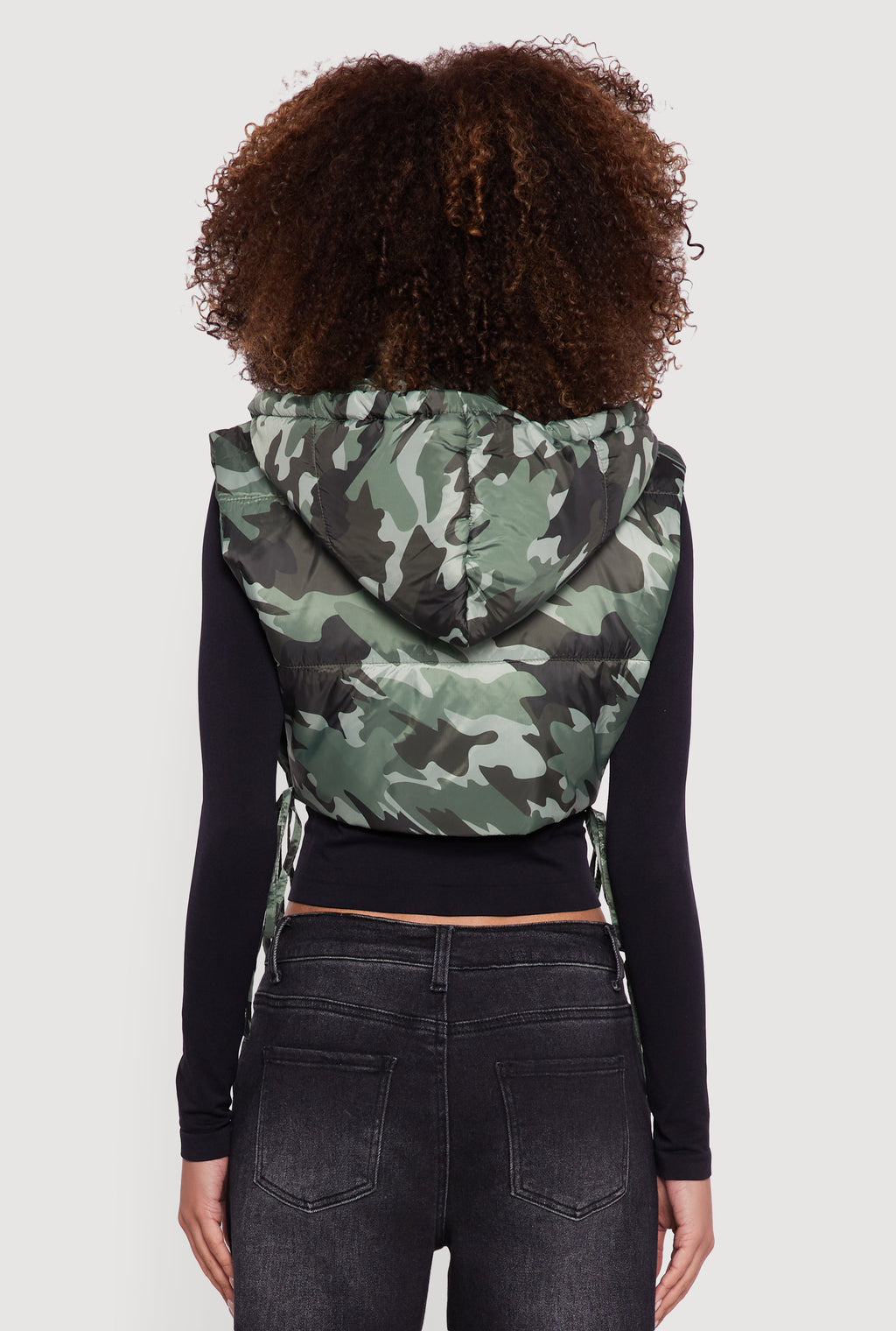 Hooded Cropped Puffer Vest with Open Tie Sides