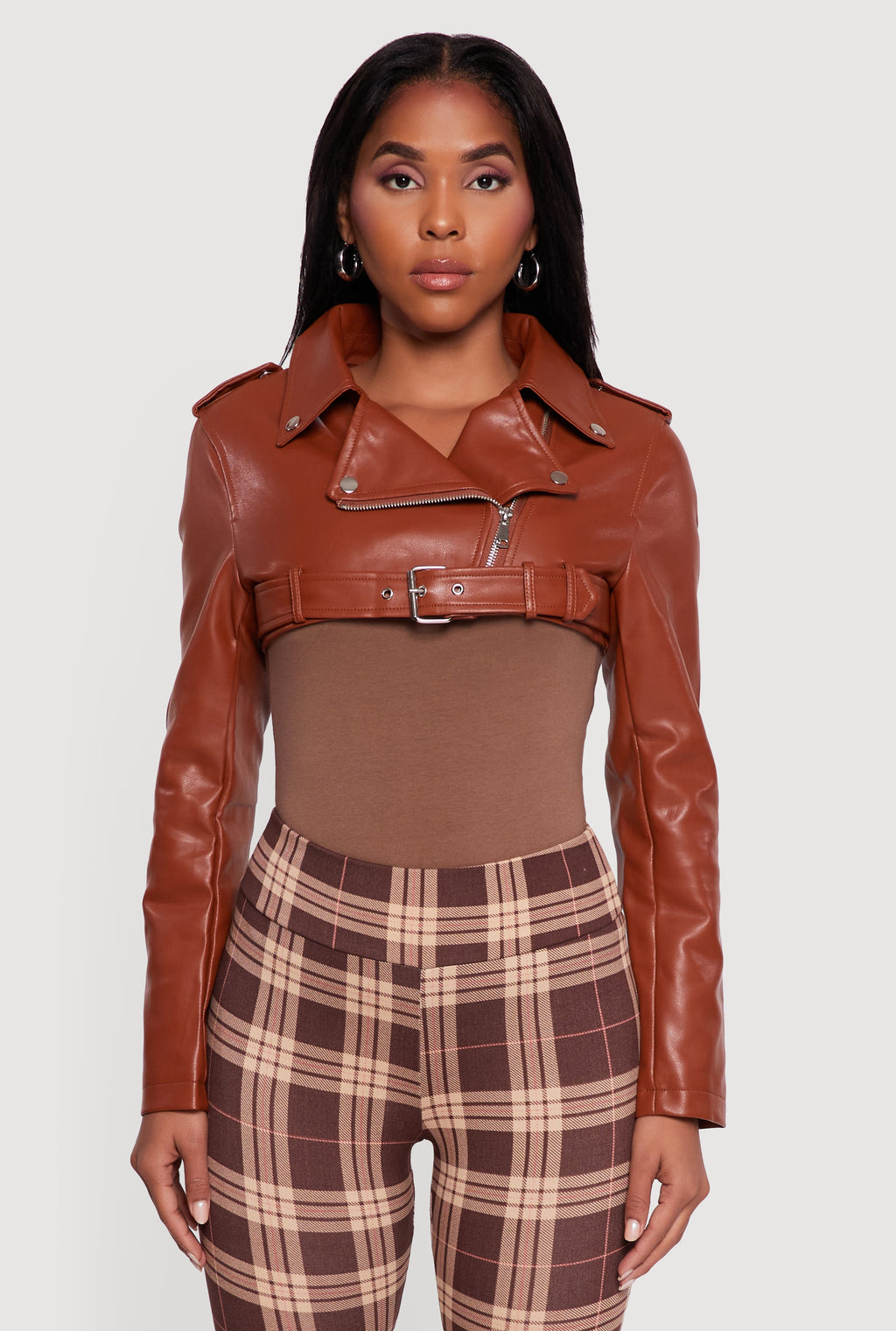 Faux Leather Cropped Moto Jacket with Belted Hem