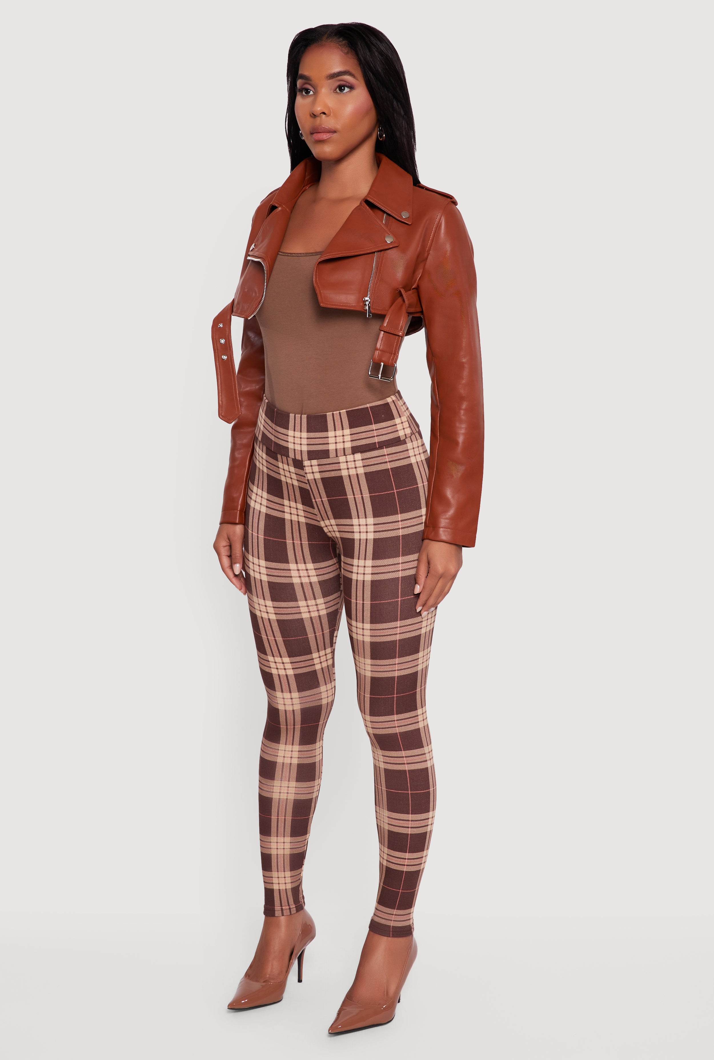 Faux Leather Cropped Moto Jacket with Belted Hem