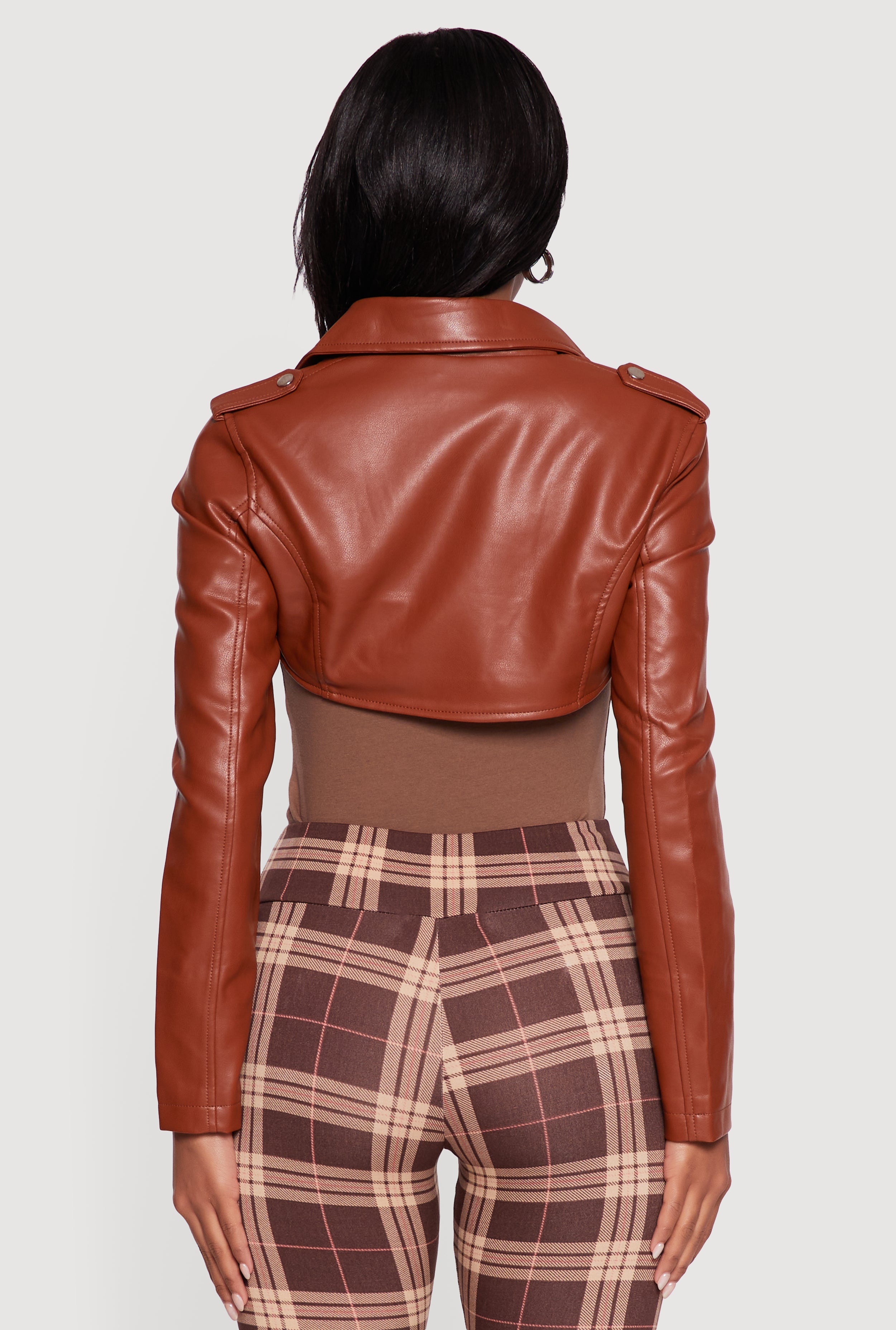 Faux Leather Cropped Moto Jacket with Belted Hem