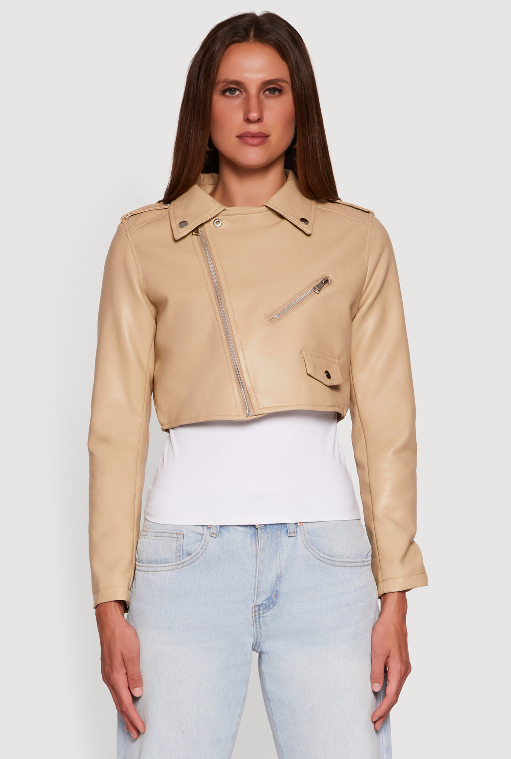 Faux Leather Long Sleeve Cropped Moto Jacket