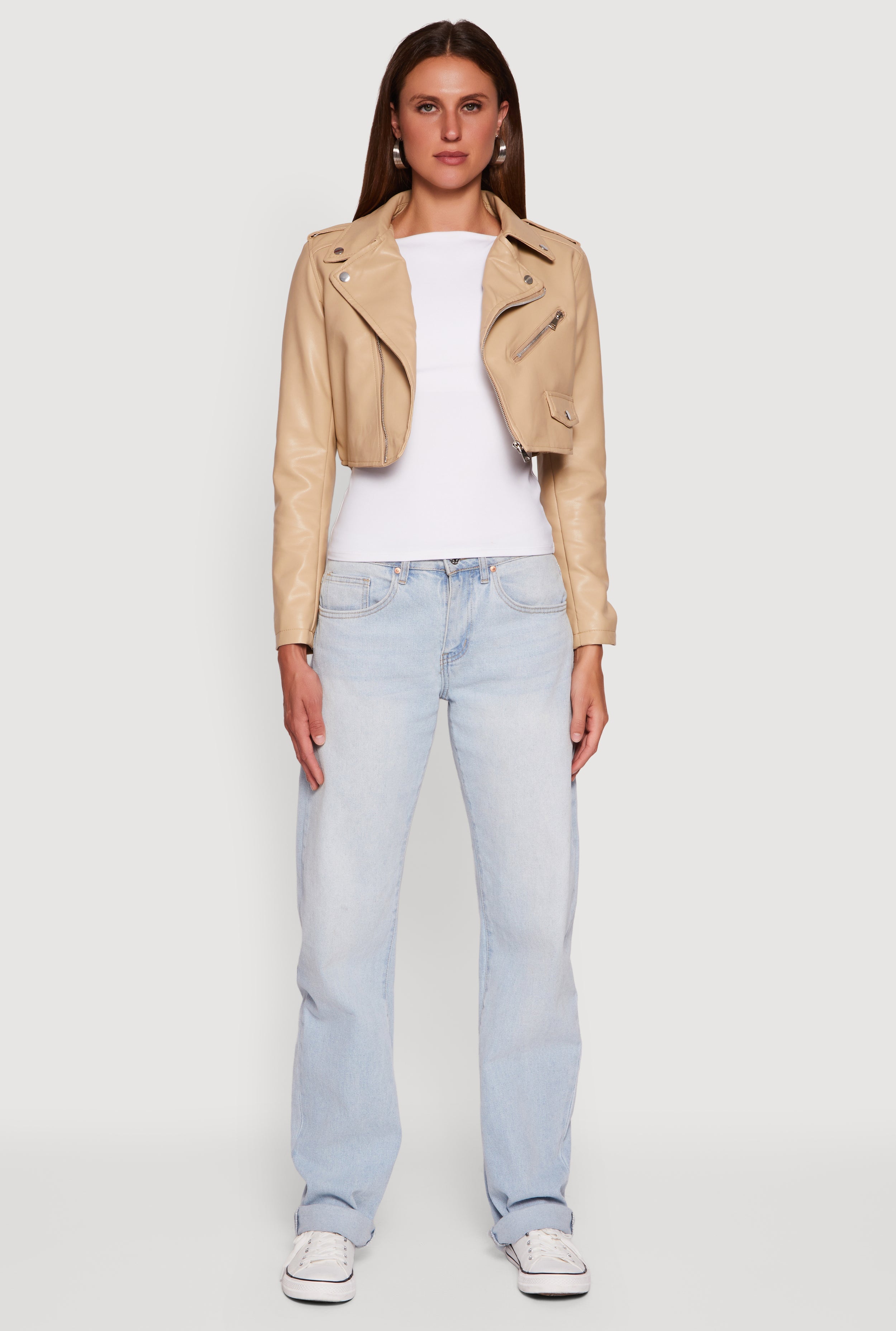 Faux Leather Long Sleeve Cropped Moto Jacket