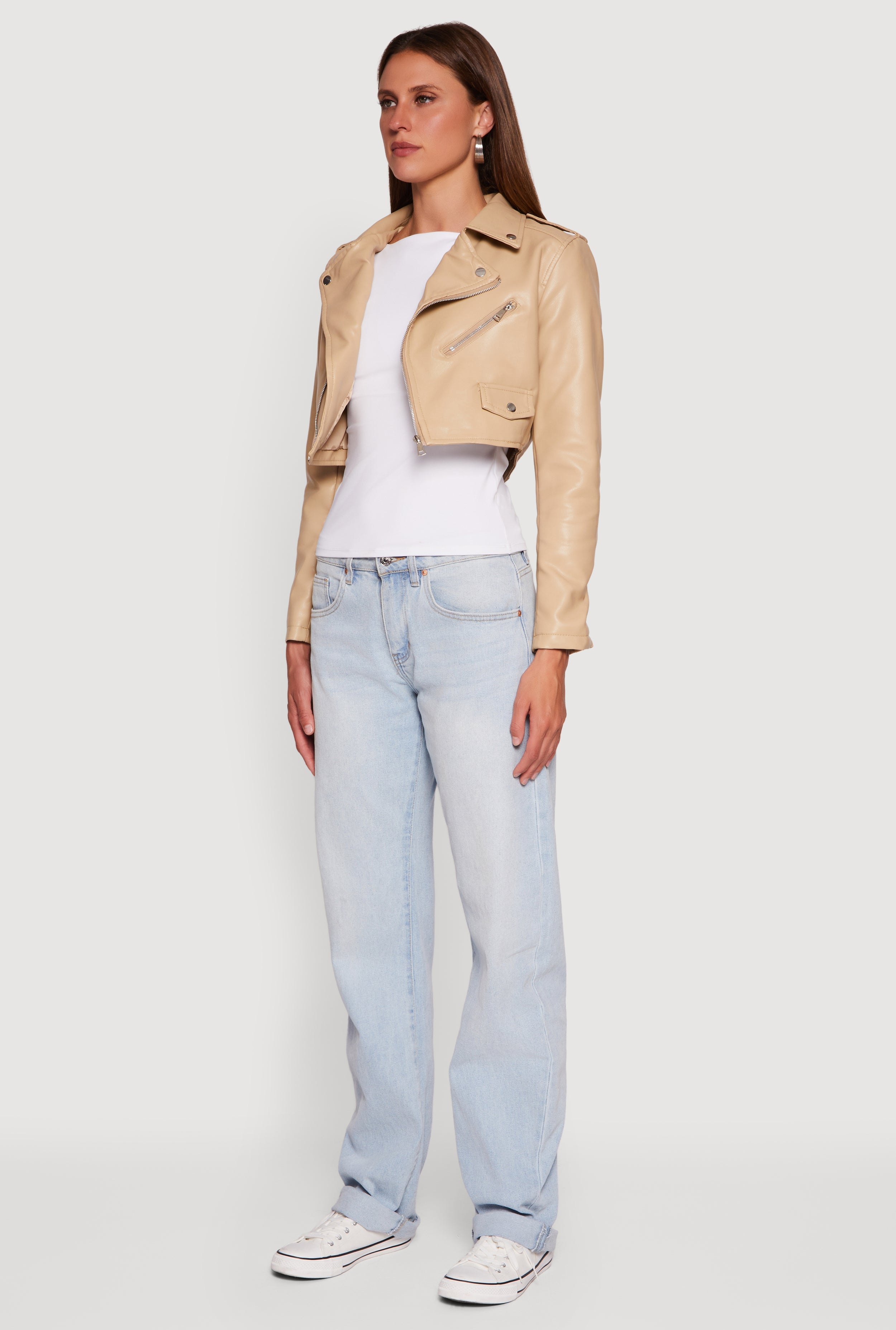 Faux Leather Long Sleeve Cropped Moto Jacket
