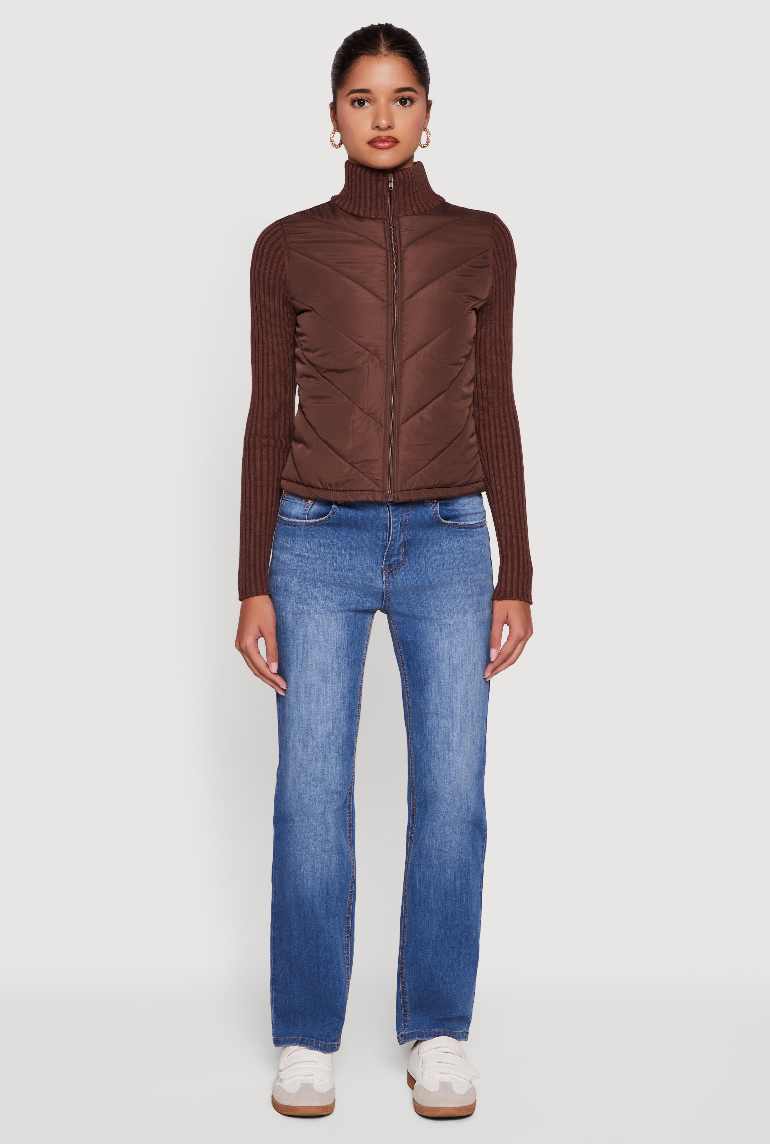 Quilted Puffer Jacket with Ribbed Knit Sleeves