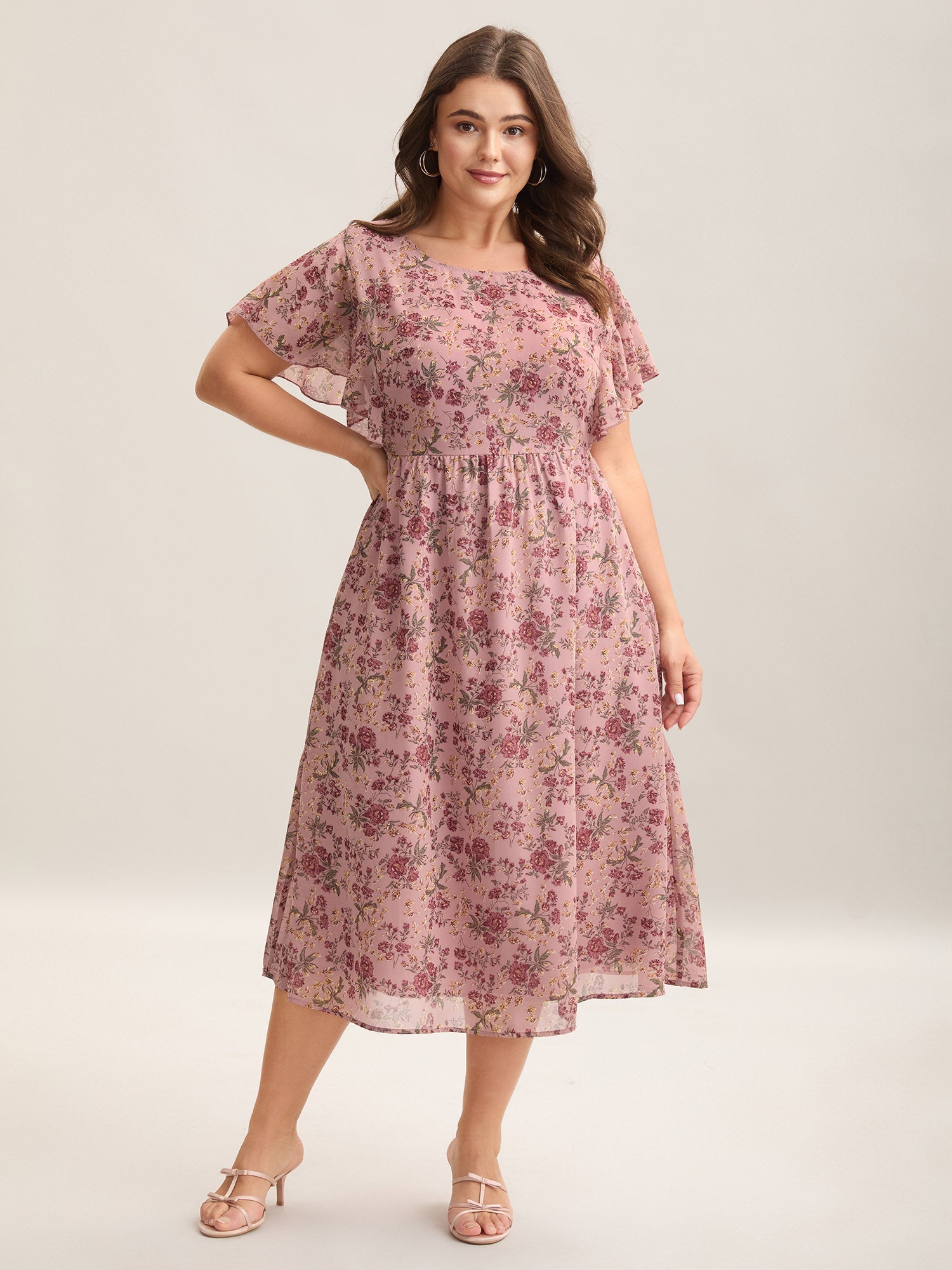 Chiffon Floral Print Ruffled Midi Dress