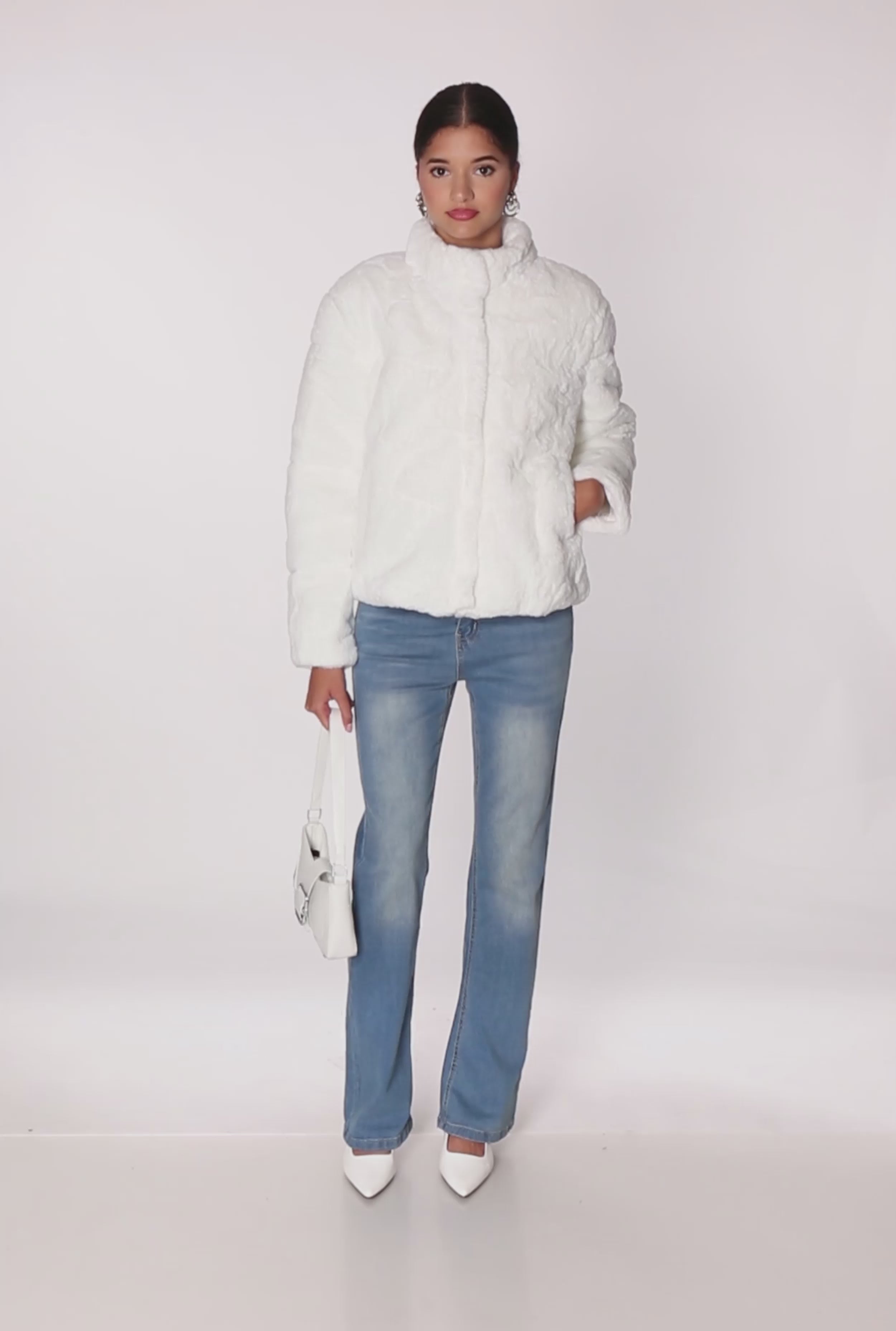 Mock Neck Zip Front Faux Fur Jacket