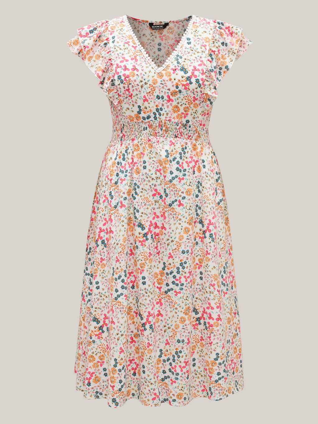 Sweet Floral Print Lace Neck Midi Dress