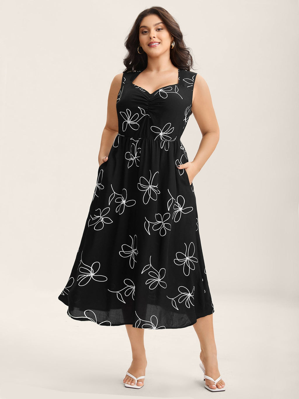 Rayon Floral Print Pockets Sleeveless Midi Dress