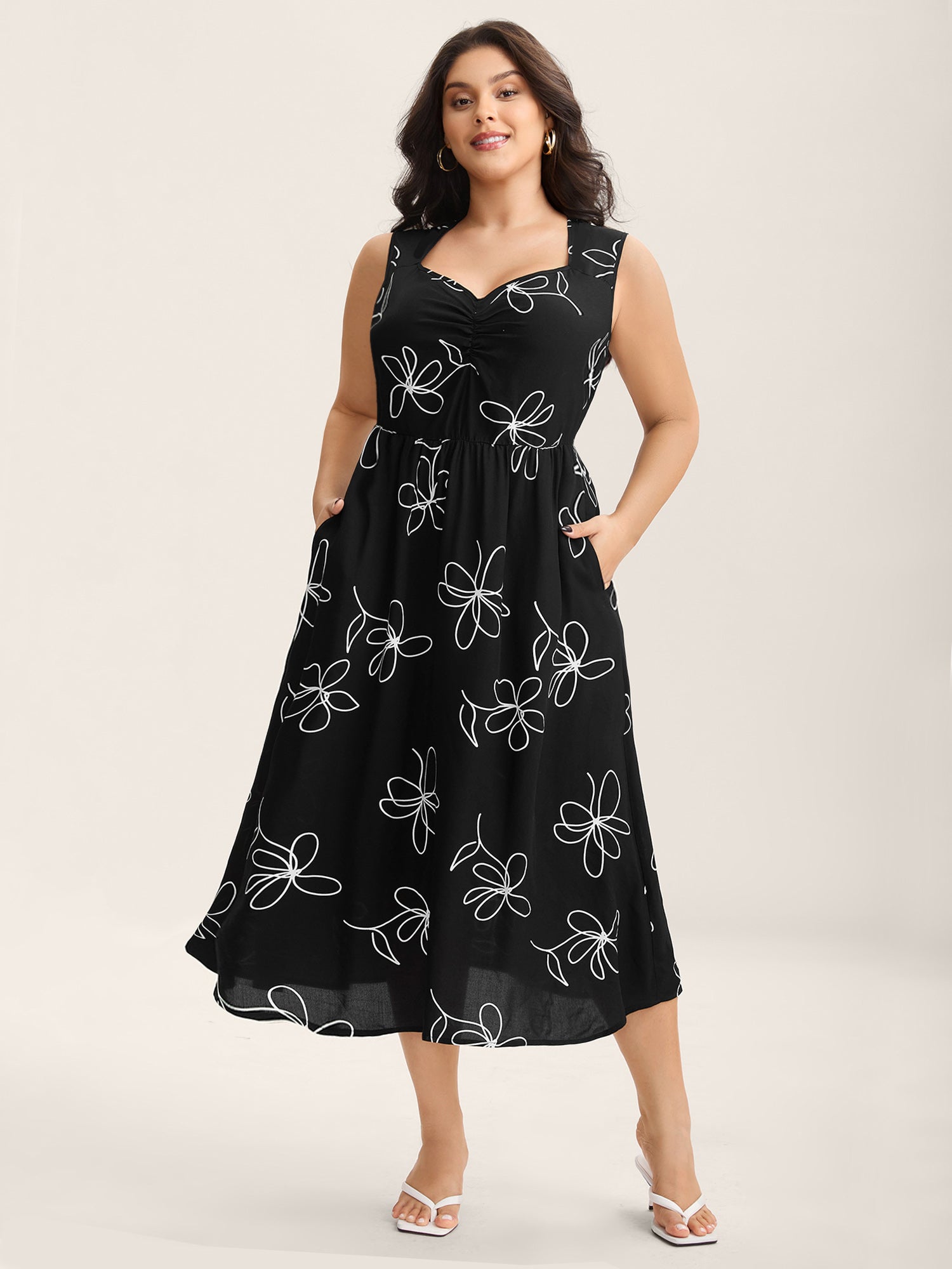 Rayon Floral Print Pockets Sleeveless Midi Dress