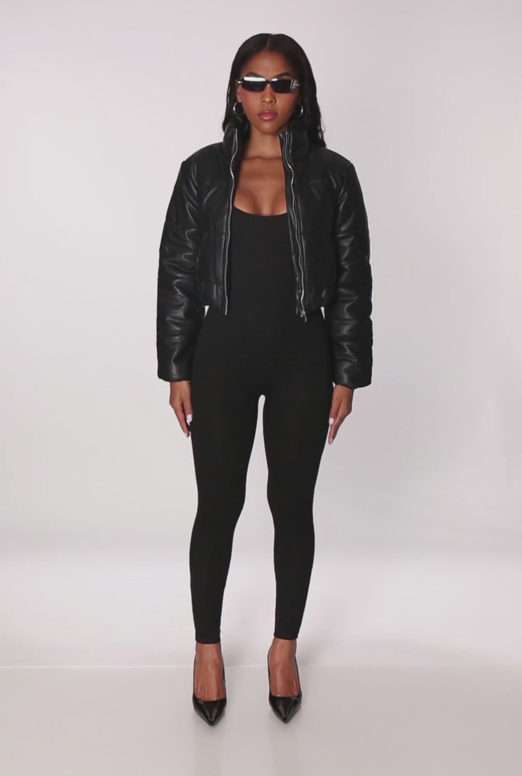 Cropped Faux Leather Puffer Jacket