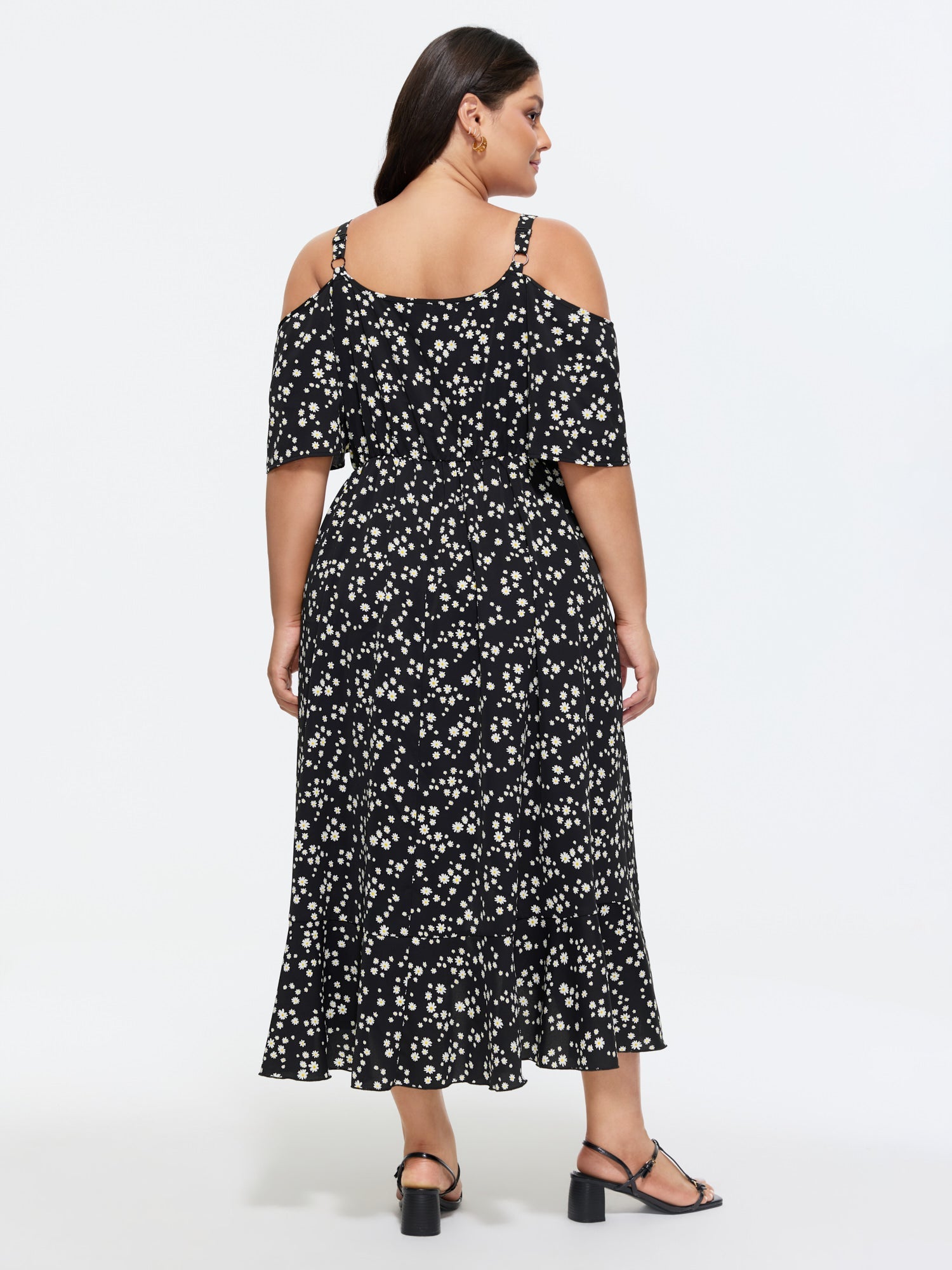 Ditsy Floral Pocket Wrap Cold Shoulder Ruffle Dress