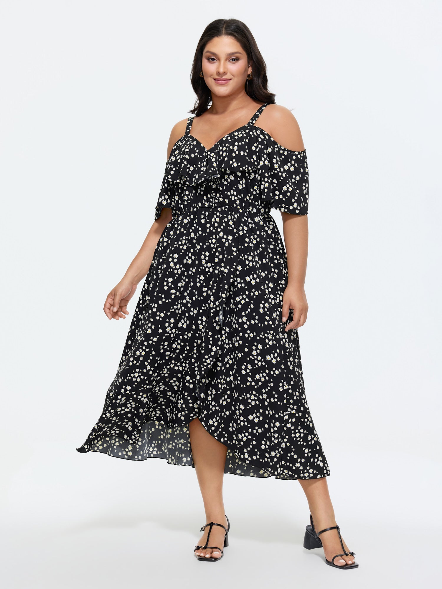 Ditsy Floral Pocket Wrap Cold Shoulder Ruffle Dress