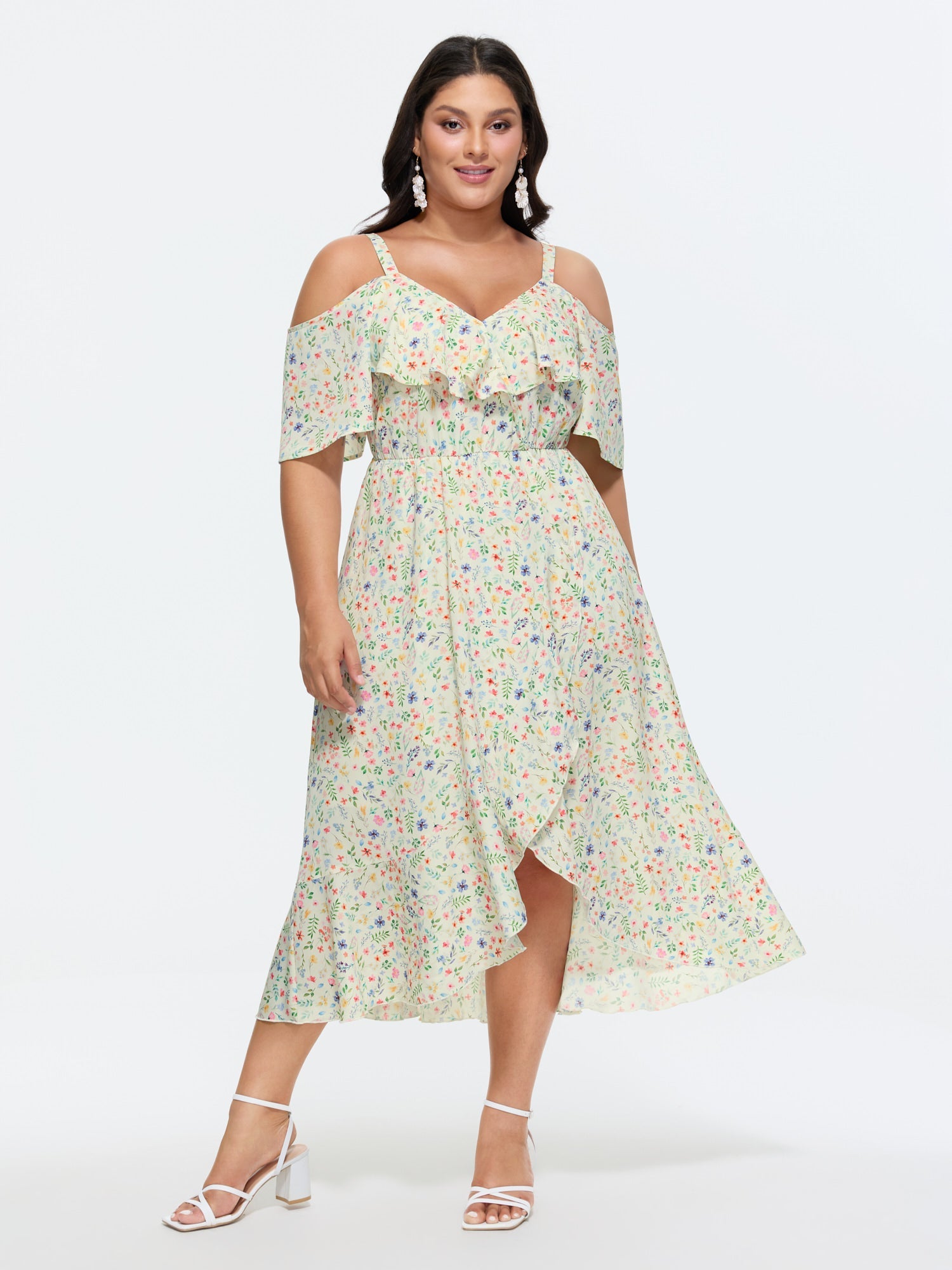 Ditsy Floral Pocket Wrap Cold Shoulder Ruffle Dress