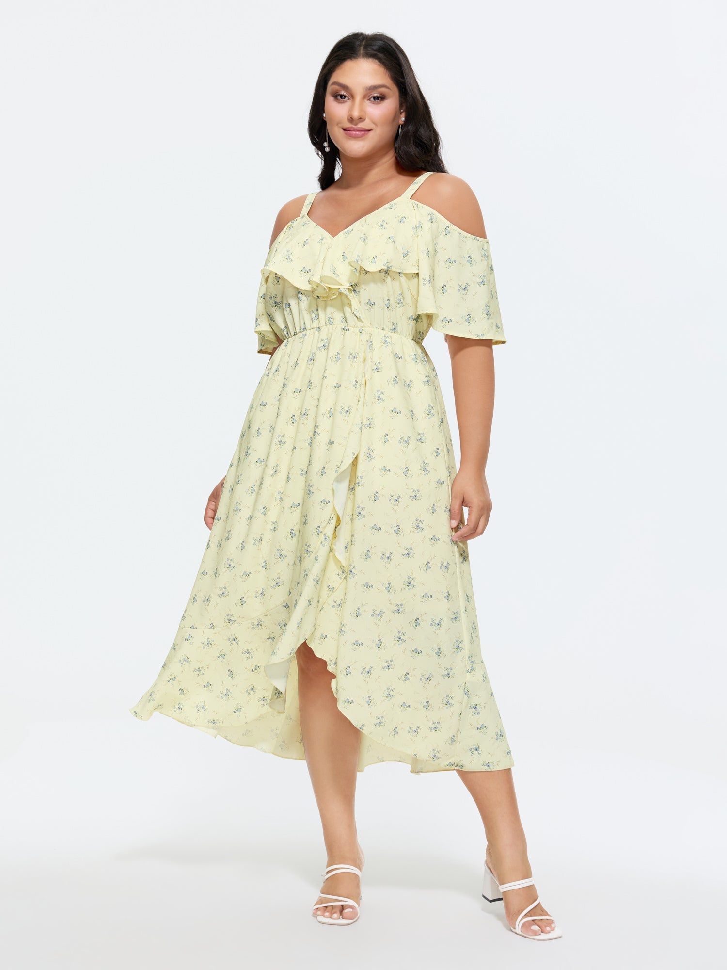 Ditsy Floral Pocket Wrap Cold Shoulder Ruffle Dress