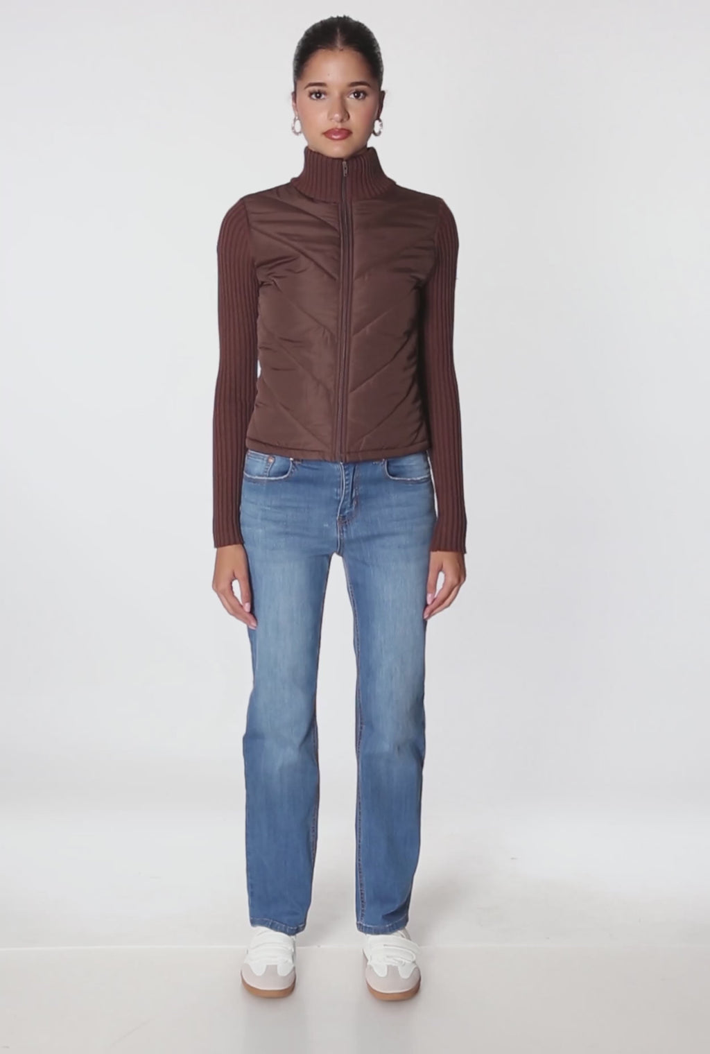 Quilted Puffer Jacket with Ribbed Knit Sleeves