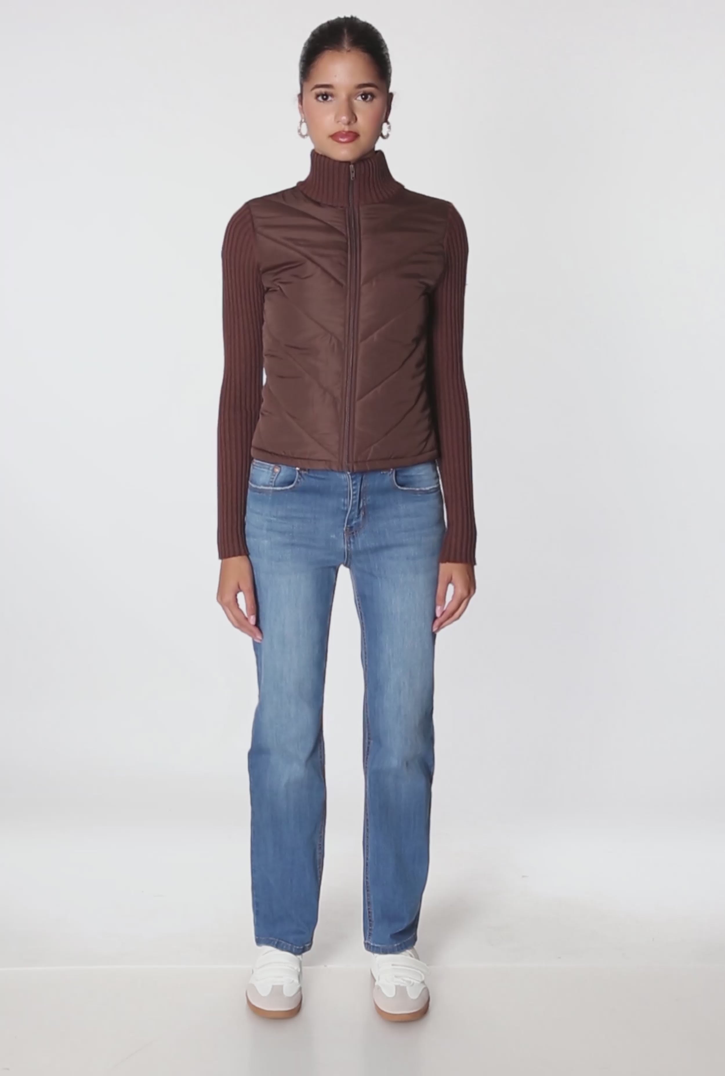 Quilted Puffer Jacket with Ribbed Knit Sleeves