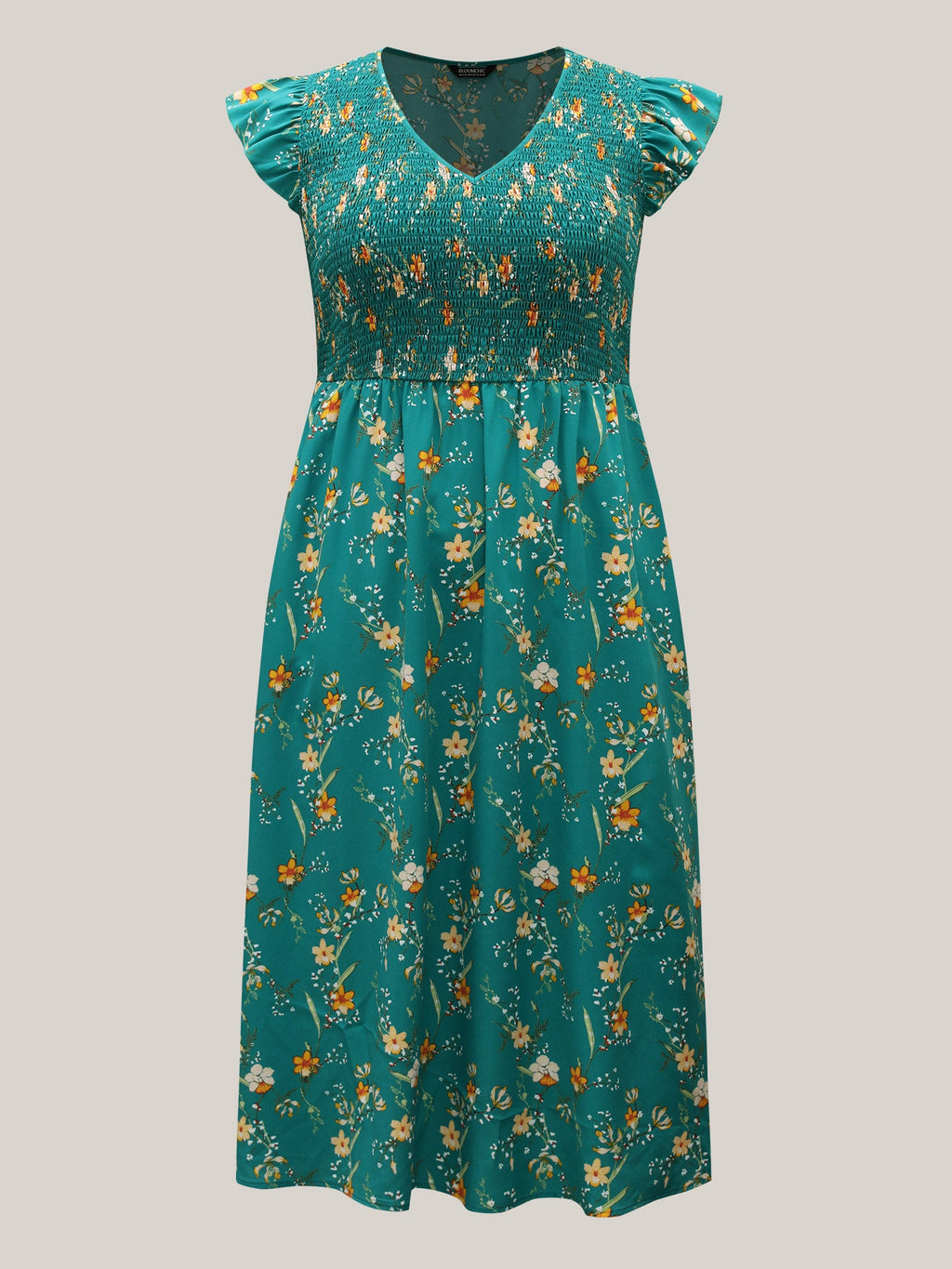 Shirred Printed Flutter Sleeve Pockets Midi Dress