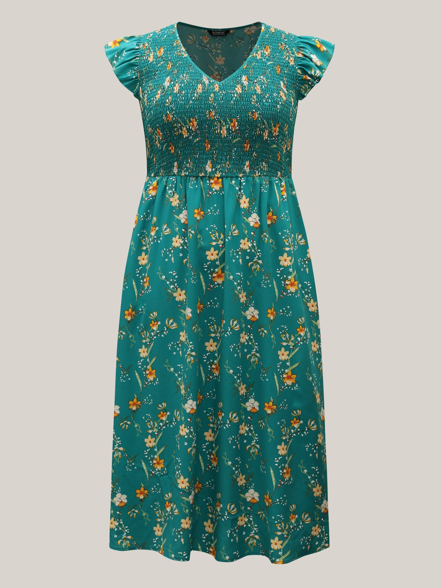 Shirred Printed Flutter Sleeve Pockets Midi Dress