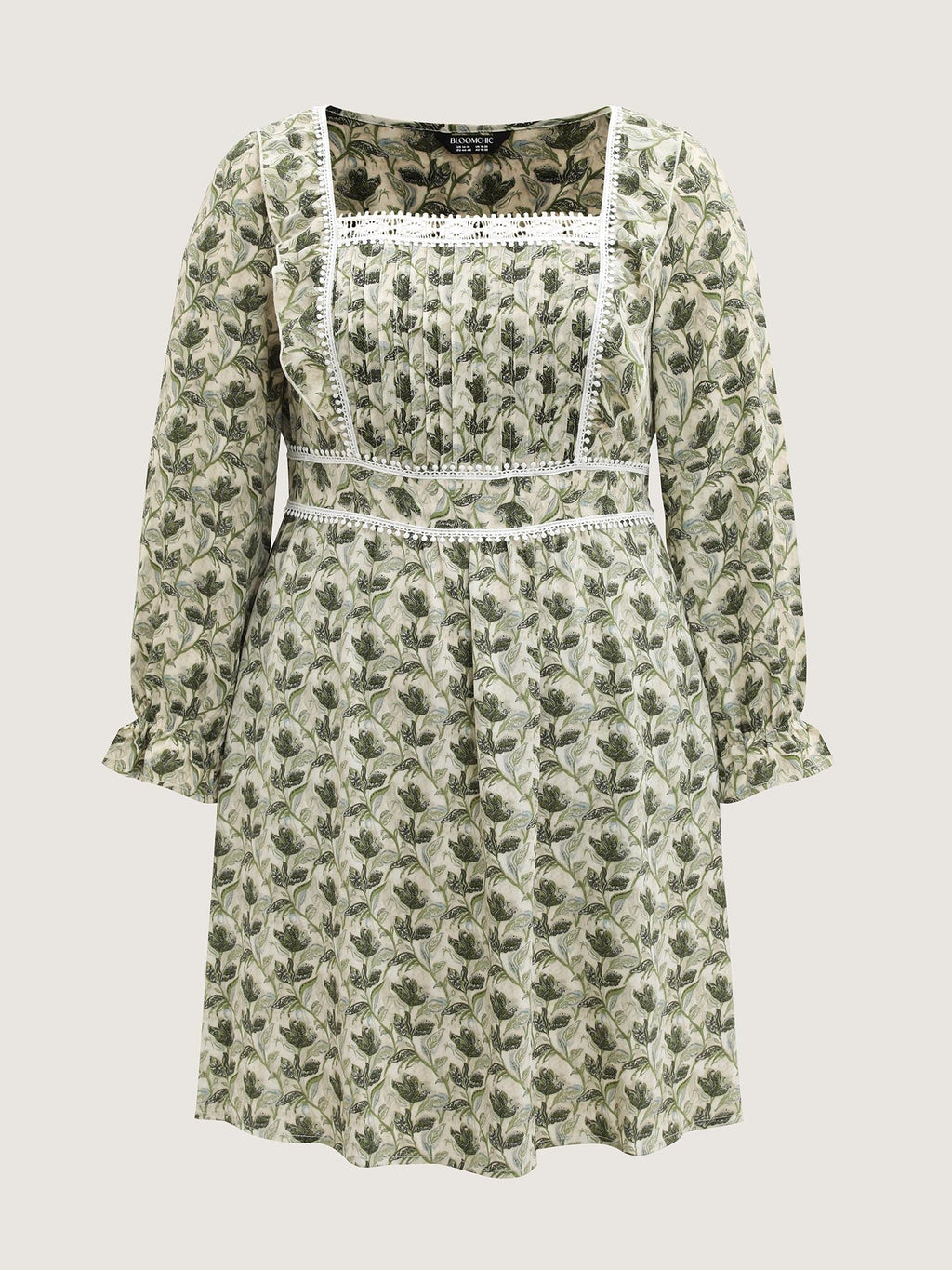 Fall Floral Print Lace Trim Midi Dress
