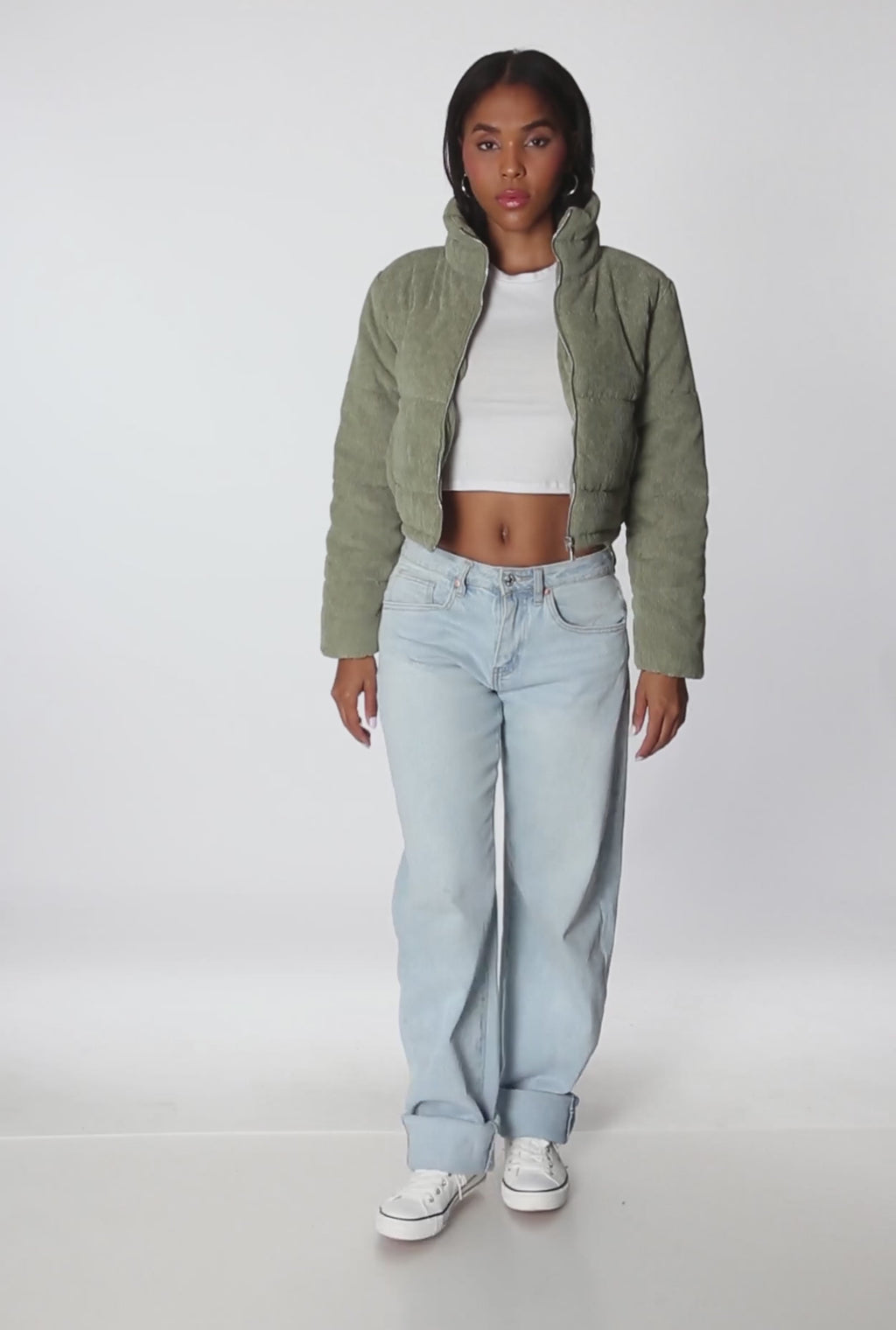 Mock Neck Zip Front Corduroy Puffer Jacket