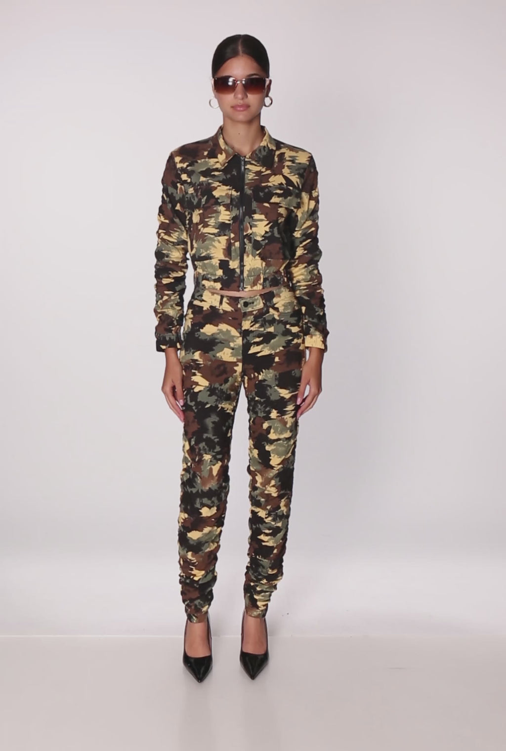 Zip Front Printed Pattern Ruched Sleeve Jacket